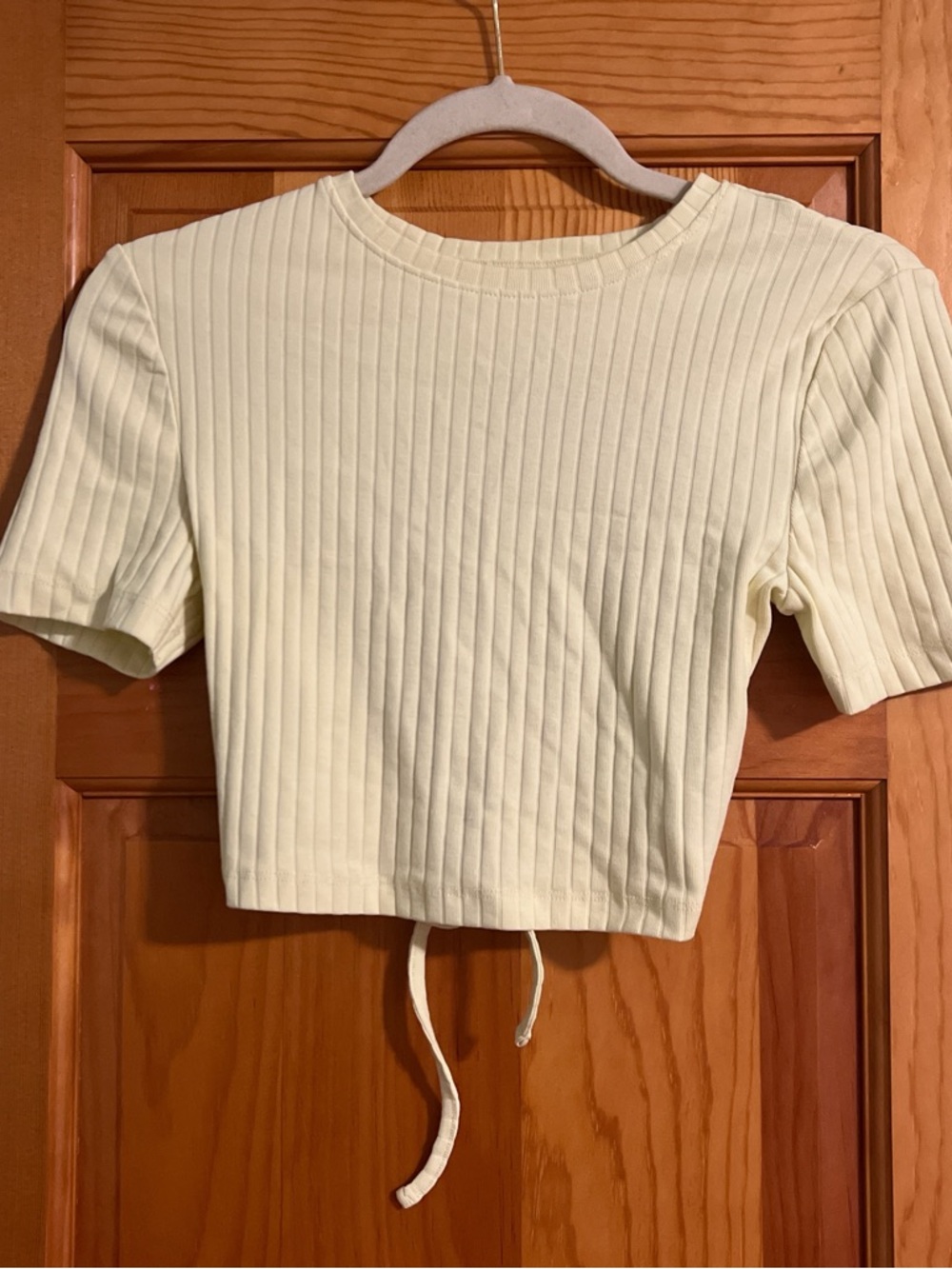 Ribbed Short Sleeve Open Back Crop Top in Light Yellow